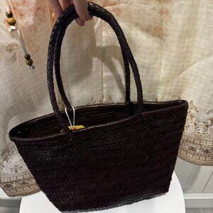 Dragon Diffusion Triple Jump Small Brown Woven Basket Leather Tote Everyday Chic